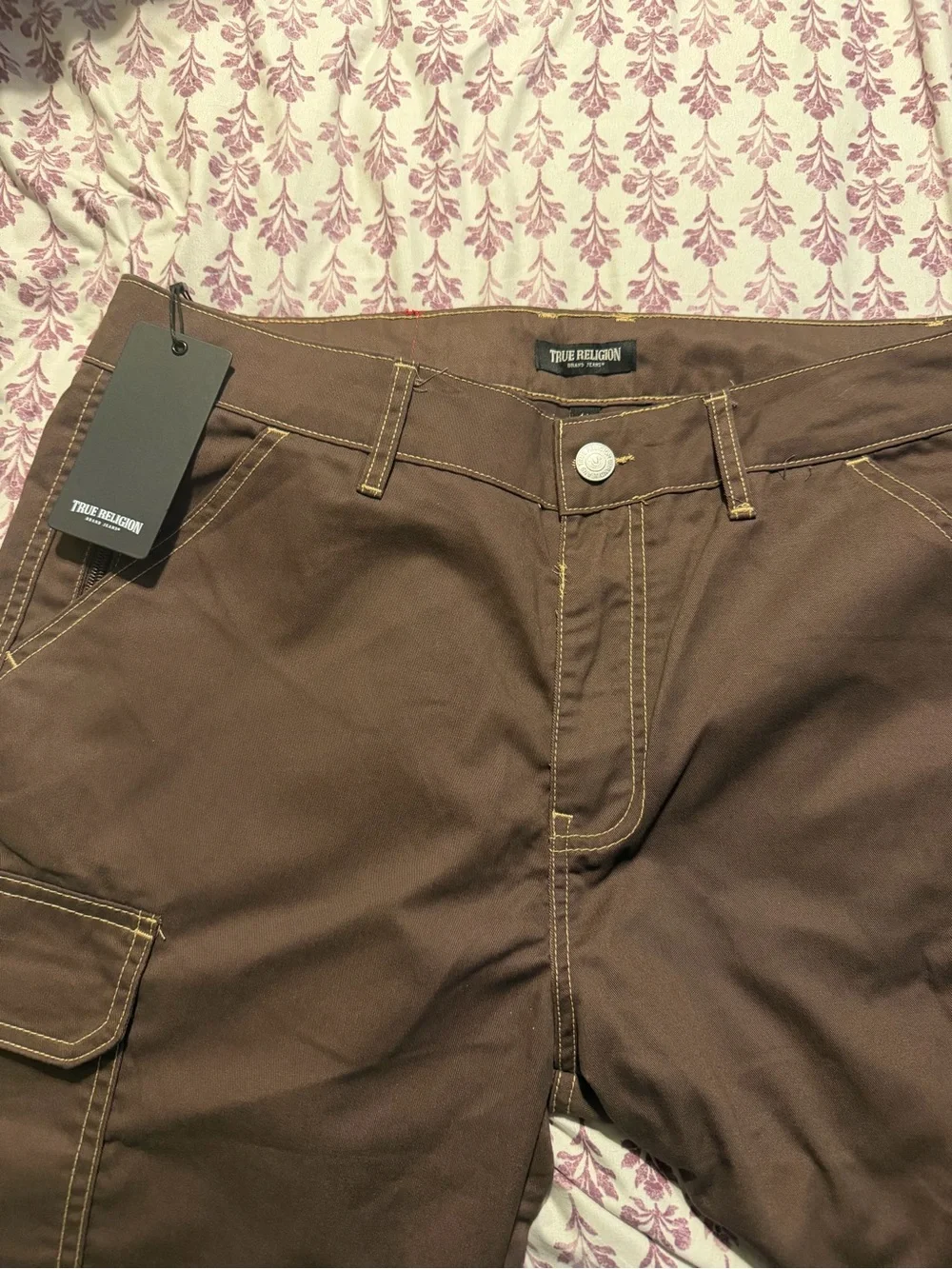 True Religion Brown Utility Cargo Shorts with Contrast Stitching